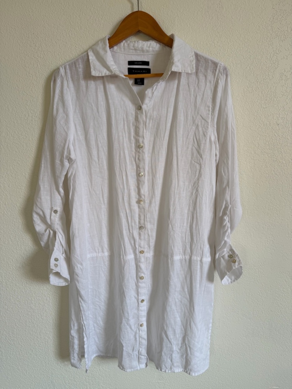 Tahari White Longline 100% Linen Button-Front Shirt